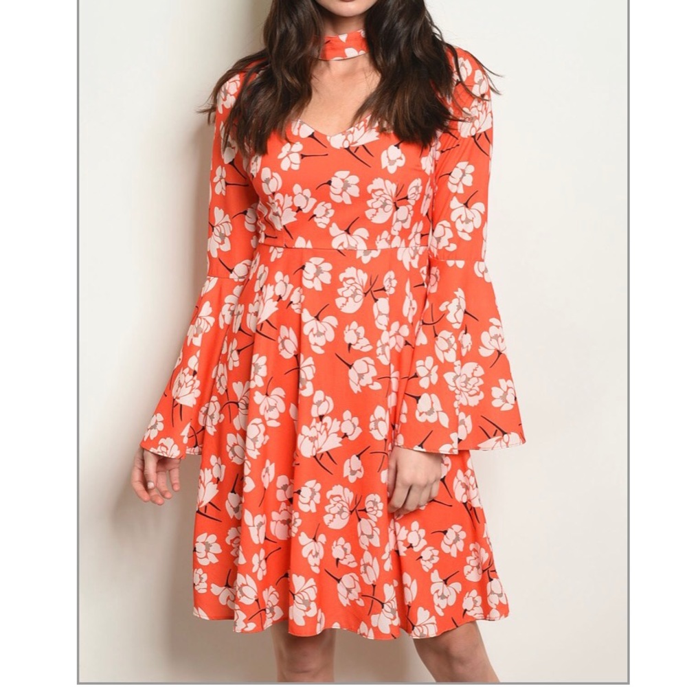 ORANGE FLORAL CHOKERNECK LONGSLEEVE DRESS Small - Picture 1 of 6